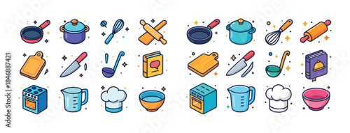 Colorful kitchen utensils and appliances in cartoon style