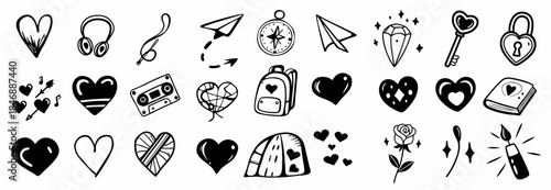 Set of cute heart icons and love symbols in trendy style