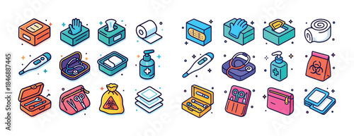 Vector collection of hygiene and medical supplies icons in vibra