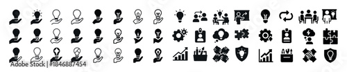 Business and innovation icons set: creativity, strategy, and tea