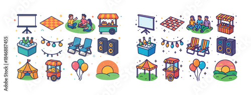 Colorful festival elements: people, food stalls, decor, sunset