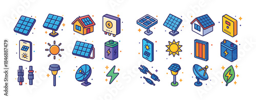 Colorful solar energy icons: panels, batteries, chargers, and sa