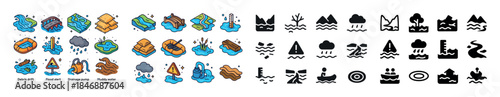 Flood and water hazard icons in color and monochrome styles