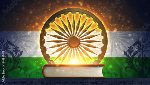 artistic tribute to Indian Constitution Day, Constitution book glowing with golden light