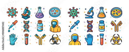 Colorful science icons: chemistry, biology, microscope, dna, saf