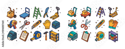 Colorful cartoon tools and equipment collection for packaging an