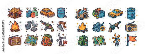 Post-apocalyptic adventure icons: vehicles, weapons, tools, and