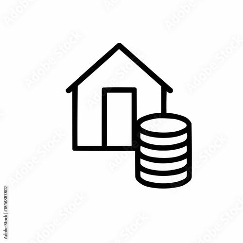 Line icon of a house with layered coins — down payment, black on white, square minimalist style