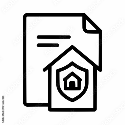 Line icon of a document with shield and house — mortgage insurance, black on white, square minimalist style