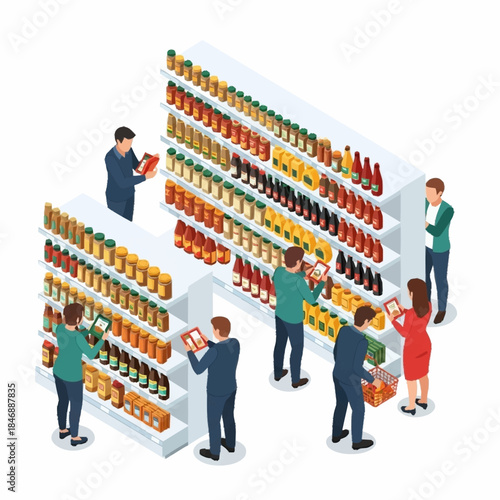 Isometric Supermarket Interior with Shoppers and Shelves Full of Products.