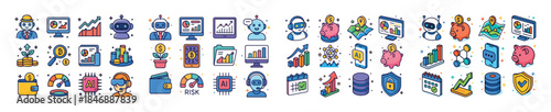 Business and finance icons with robotics and technology elements
