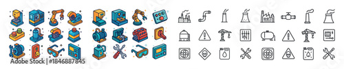 Colorful industrial equipment and simple line icons for manufact