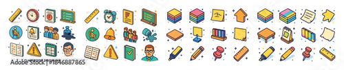 Colorful classroom discipline icons set illustrating educational