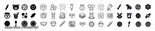Cute black and white cartoon icons of snacks and animals