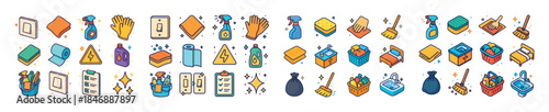 Colorful cleaning supplies and tools in cartoon style illustrati