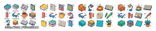 Colorful book and reading themed icons collection