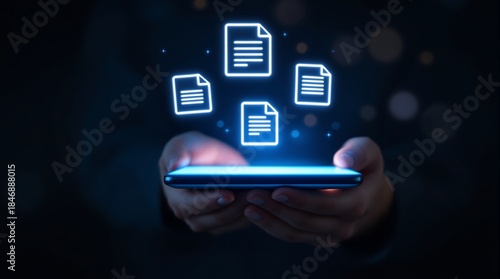 Wallpaper Mural Hands holding a glowing smartphone displaying floating digital document icons representing cloud storage data transfer and mobile file management concepts in darkness Torontodigital.ca