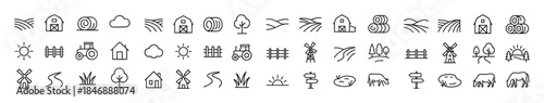Farm and agriculture icons: barns, tractors, windmills, and land