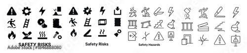 Safety risk and hazard icons collection: warning, alert, danger,