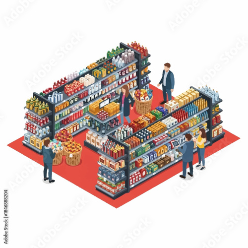Isometric view of a supermarket aisle with shoppers browsing products on shelves.