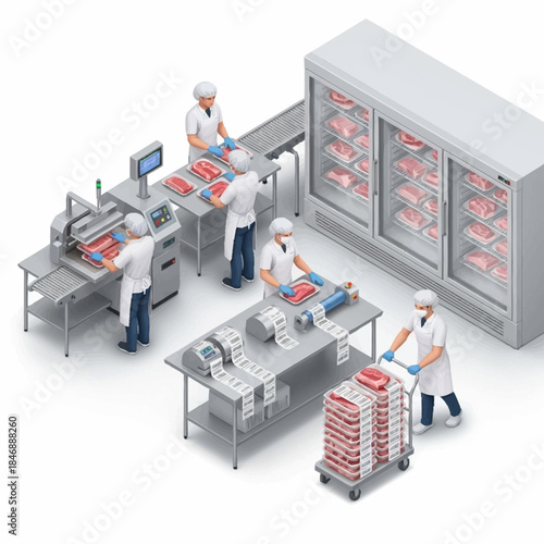 Meat processing plant with workers and equipment.