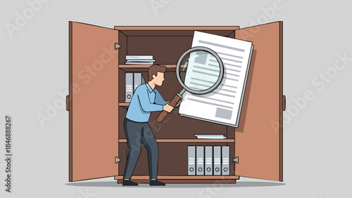 A man meticulously examines important documents with a magnifying glass within a vast archive cabinet representing diligent research and detailed