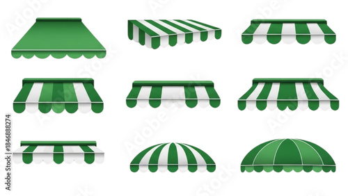 Various Green and White Market Awnings Vector Illustration Showing Different Styles and Views