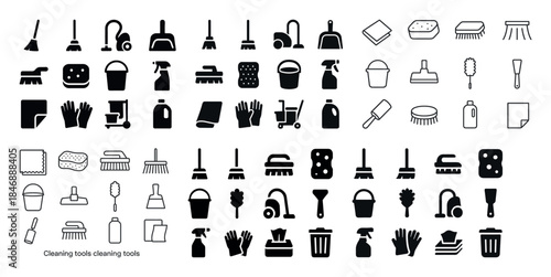 Collection of cleaning tools icons: brooms, buckets, mops, spong