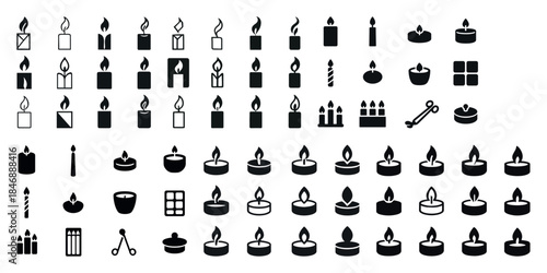 Diverse candle icons collection: tealights, pillars, flames, and