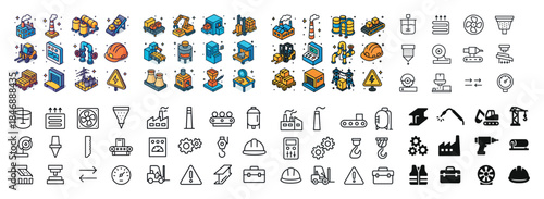 Colorful industrial icons set with construction tools and factor