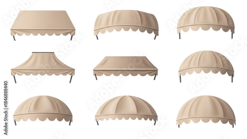 Various Beige Fabric Awning Canopies Vector Set, Outdoor Shade Design, Front View, Graphic Illustration