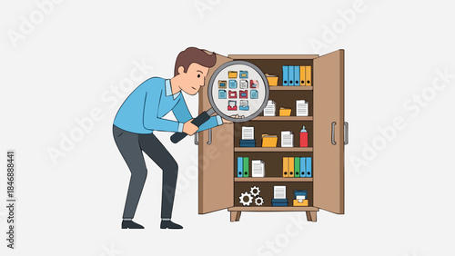 Cartoon male character performing a detailed document search within a filing cabinet for information organization and retrieval
