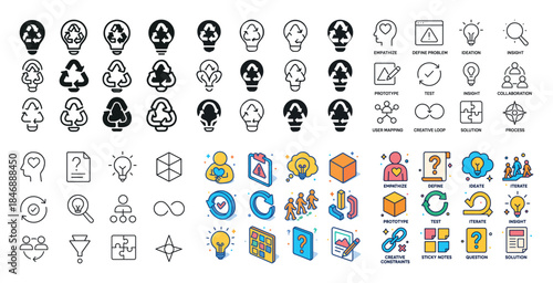 Creative process icons: light bulbs, workflow diagrams, brainsto