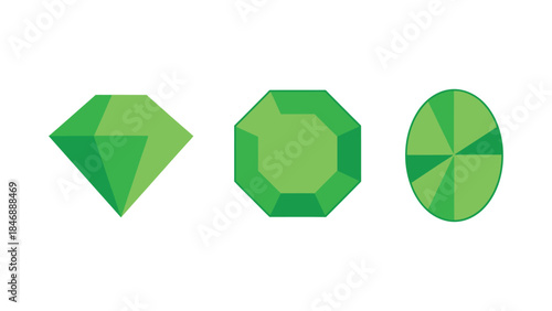 Green gemstones in various cuts and shapes