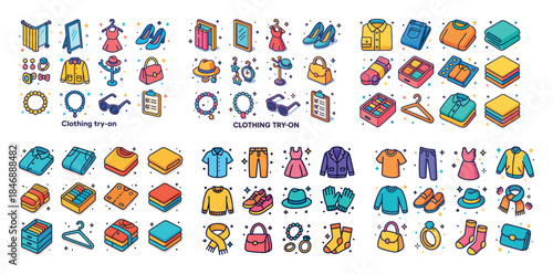 Colorful clothing icons: outfits, accessories, and shoes variety