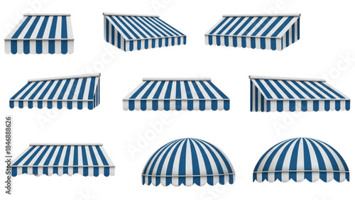 Various Blue and White Awnings Set, Graphic Illustration, Isolated on White Background, Design Elements