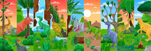 Collage of cartoon prehistoric dinosaurs characters. Extinct reptiles funny personages vector poster, cute dinosaurs collage with Dilophosaurus, Carnotaurus, Gallimimus and Roodon in swamp landscape