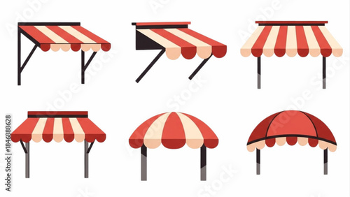 Variety of Outdoor Market Awnings with Red and White Stripes in Vector Illustration Set