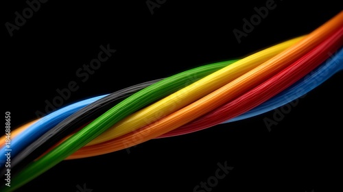 Close up of vibrant twisted multicolored wires forming a bundle on a black background