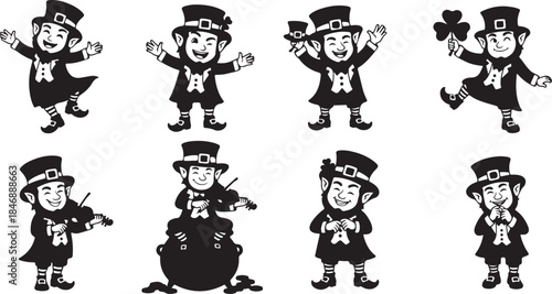 Eight happy leprechaun silhouette icons set