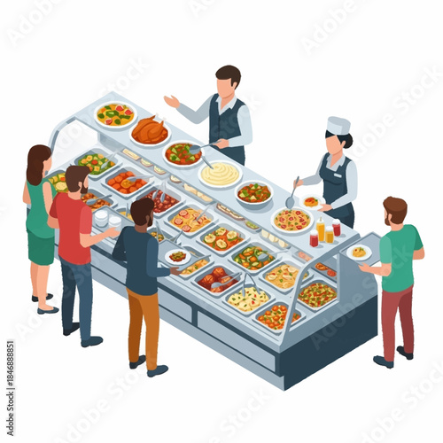 People choosing food from a buffet display with various dishes.