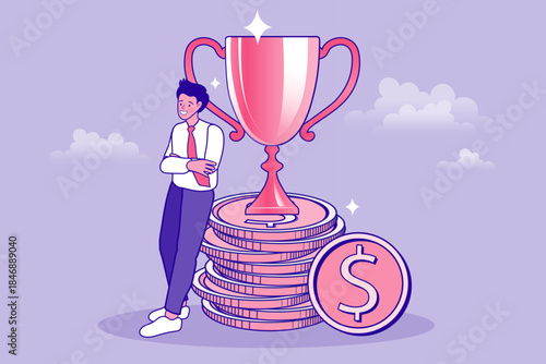 Happy businessman standing and leaning against a stack of dollar coins next to a giant trophy cup. A concept of financial business success, wealth achievement, and profitable investment strategy.