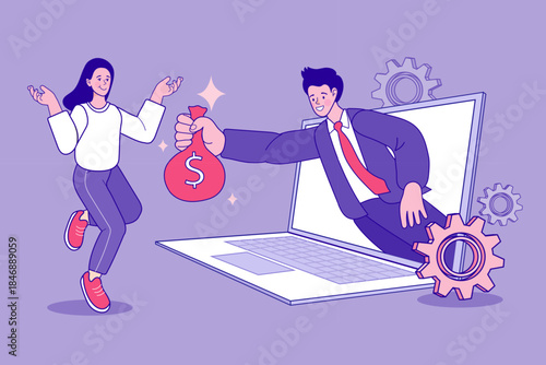 Businessman coming out of a laptop screen handing a dollar money bag to a happy woman. A concept of online loan approval, digital freelance earning, and fintech payment solution.