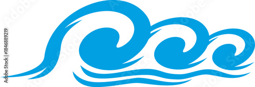 Ocean blue curly tsunami wave icon or symbol. Marine yachting sport graphic water sign, nautical navigation ocean blue flow vector icon. Yacht travel company sea swirly stream emblem or wave symbol