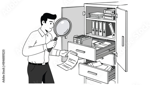 Man with magnifying glass examining documents in an open office filing cabinet for information discovery and data analysis purposes