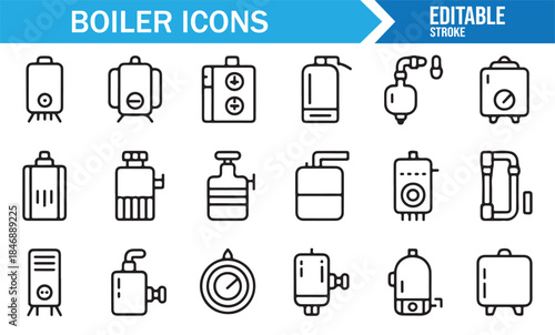 Industrial heating equipment and boiler icons in modern linear design