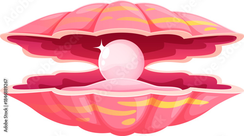 Cartoon marine shiny pink pearl mollusc shell. Underwater life valuable scallop isolated vector mollusk, marine precious pearl shell. Sea bottom rare seashell or ocean nature jewelry oyster clam