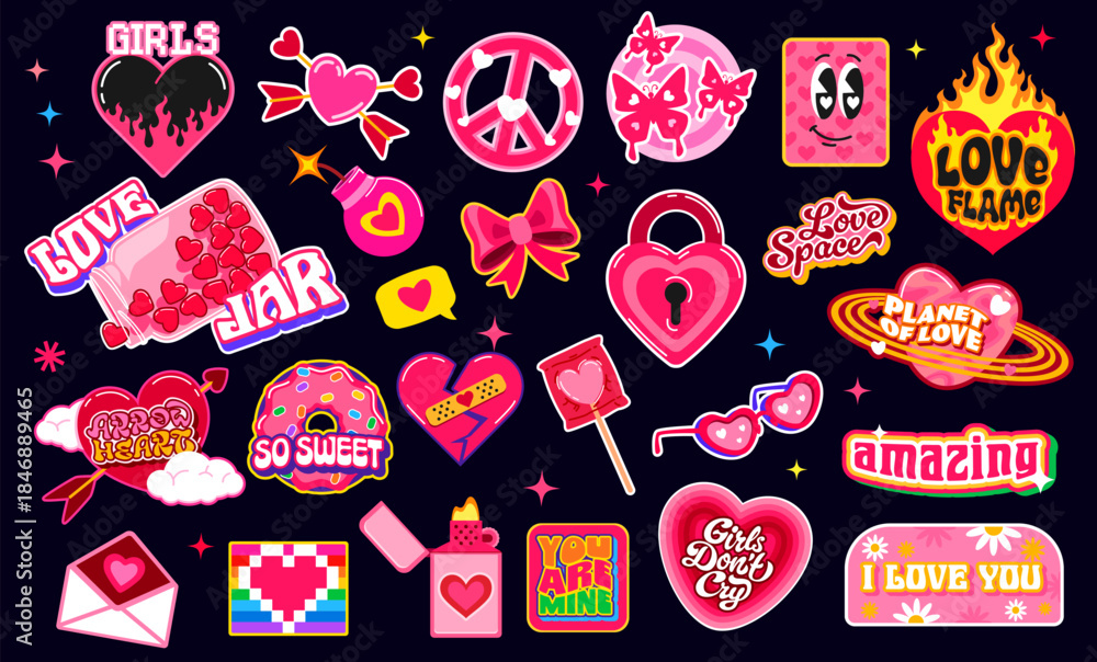 Obraz premium I love you y2k retro groovy stickers, Valentines heart funky patch labels with vector Valentines Day holiday gifts. Retro y2k pink heart candy and sunglasses stickers. Hippie love and peace symbols