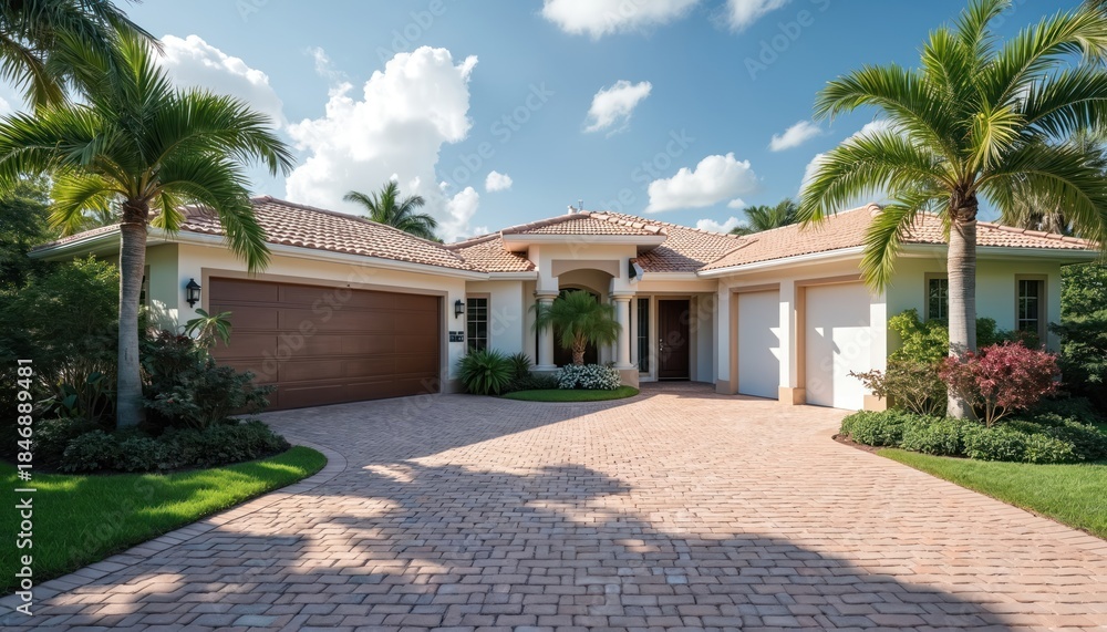 Naklejka premium Luxurious house exterior with palm trees and brick driveway. Single family residence features a tiled roof and manicured garden. Sunny day in a tropical climate.
