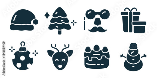 New year excellent icon collection. Set of santa hat, decorated tree, funny glasses face, gift boxes, christmas ornament, reindeer head, festive cake, snowman icons